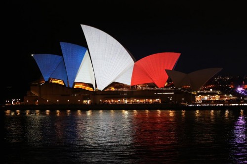 Venues across the world shine blue, white and red to show solidarity with France