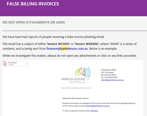 Confusion over invoices sent to Parks and Leisure Australia members