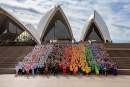 Human Progress Flag created on Sydney Opera House steps to mark 44th anniversary of first Sydney Gay and Lesbian Mardi Gras